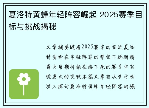 夏洛特黄蜂年轻阵容崛起 2025赛季目标与挑战揭秘
