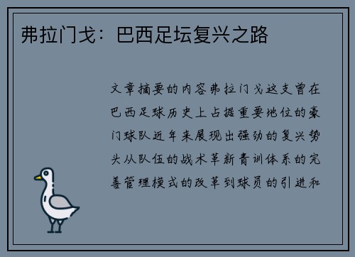 弗拉门戈：巴西足坛复兴之路