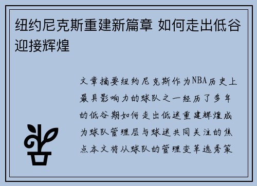 纽约尼克斯重建新篇章 如何走出低谷迎接辉煌